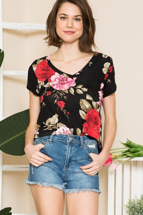 FLORAL V-NECK SHORT SLEEVE TOP