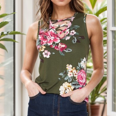FLORAL CHEST CRISS CROSS TANK TUNIC TOP