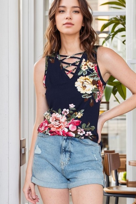 FLORAL CHEST CRISS CROSS TANK TUNIC TOP