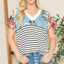  V-NECK STRIPE AND FLORAL COLOR BLOCK TUNIC TOP
