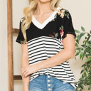 Small BLACK V-NECK STRIPE AND FLORAL COLOR BLOCK TUNIC TOP