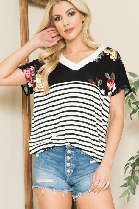 V-NECK STRIPE AND FLORAL COLOR BLOCK TUNIC TOP