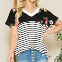 Large BLACK V-NECK STRIPE AND FLORAL COLOR BLOCK TUNIC TOP