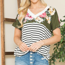 XL OLIVE V-NECK STRIPE AND FLORAL COLOR BLOCK TUNIC TOP