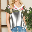 Small OLIVE V-NECK STRIPE AND FLORAL COLOR BLOCK TUNIC TOP