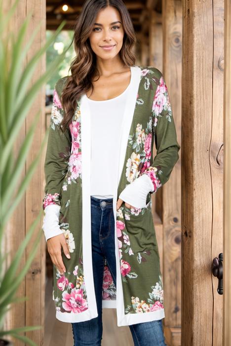 FLORAL MIDI OPEN CARDIGAN WITH CONTRAST CUFFS