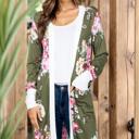 Small OLIVE FLORAL MIDI OPEN CARDIGAN WITH CONTRAST CUFFS