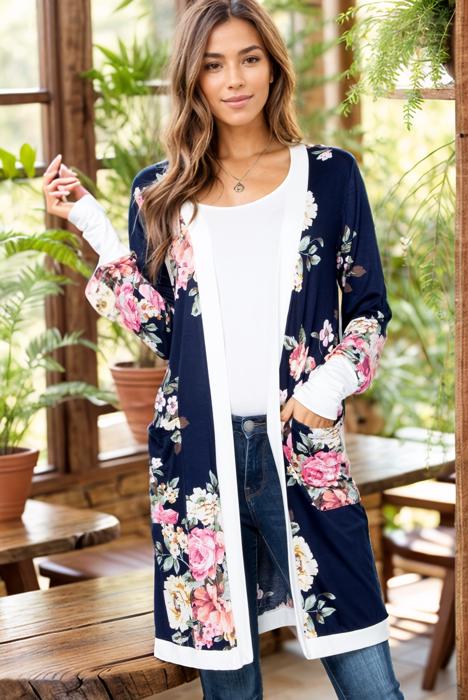 FLORAL MIDI OPEN CARDIGAN WITH CONTRAST CUFFS