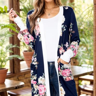 FLORAL MIDI OPEN CARDIGAN WITH CONTRAST CUFFS