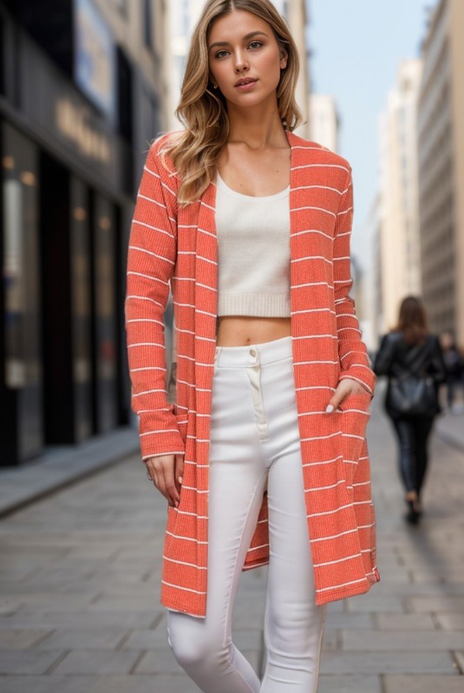 STRIPE MIDI OPEN CARDIGAN WITH SIDE POCKETS