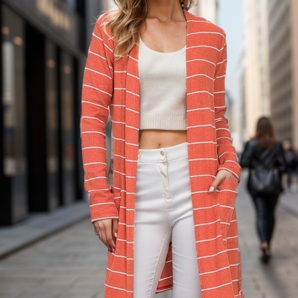 STRIPE MIDI OPEN CARDIGAN WITH SIDE POCKETS