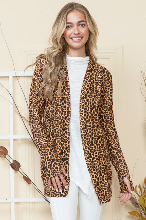 LEOPARD PRINT OPEN CARDIGAN WITH THUMB HOLE