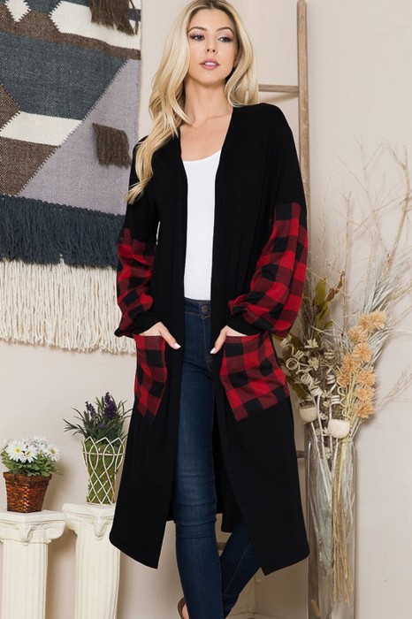 OPEN MIDI CARDIGAN WITH PLAID CONTRAST