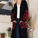 Small BLACK OPEN MIDI CARDIGAN WITH PLAID CONTRAST