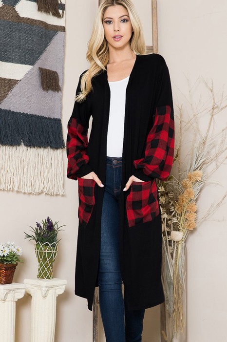 OPEN MIDI CARDIGAN WITH PLAID CONTRAST