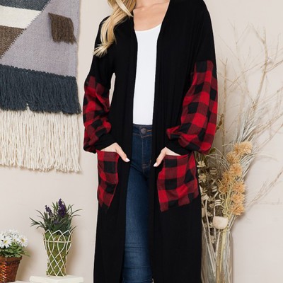 OPEN MIDI CARDIGAN WITH PLAID CONTRAST
