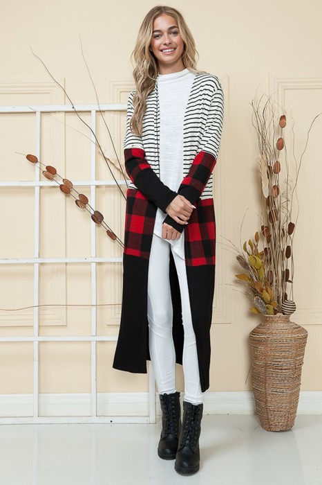 MAXI STRIPE AND PLAID COLOR BLOCK OPEN CARDIGAN