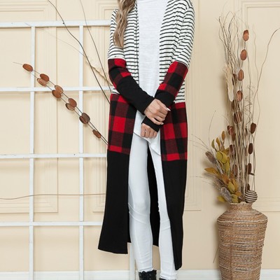 MAXI STRIPE AND PLAID COLOR BLOCK OPEN CARDIGAN