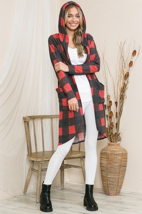 PLAID HOODED OPEN MIDI CARDIGAN