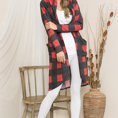 PLAID HOODED OPEN MIDI CARDIGAN