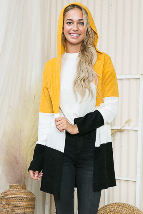 SOLID COLOR BLOCK HOODED OPEN CARDIGAN