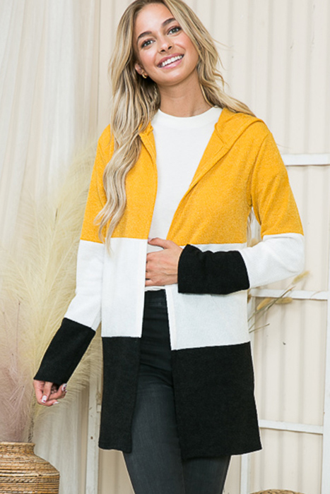 SOLID COLOR BLOCK HOODED OPEN CARDIGAN