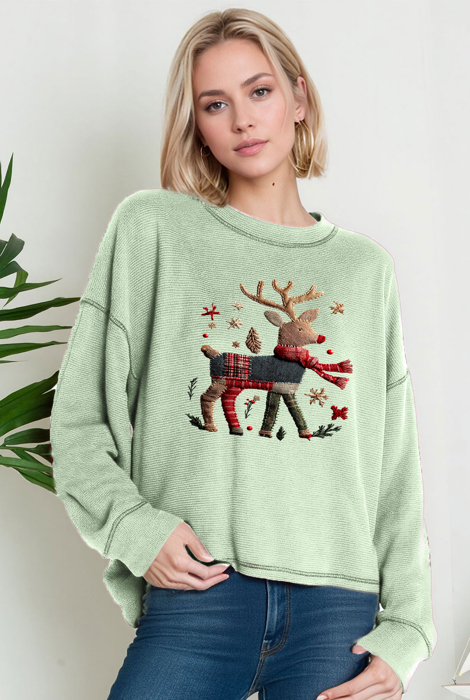 Oversized Crew Neck Top with REINDEER Print