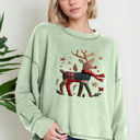 Small SAGE Oversized Crew Neck Top with REINDEER Print
