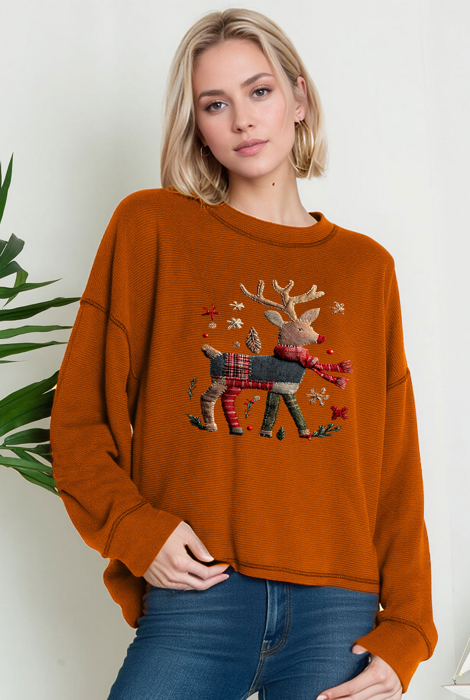 Oversized Crew Neck Top with REINDEER Print