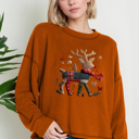 Small MARSALA Oversized Crew Neck Top with REINDEER Print