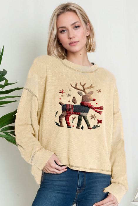Oversized Crew Neck Top with REINDEER Print