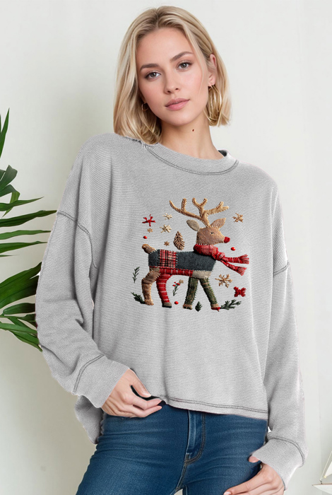 Oversized Crew Neck Top with REINDEER Print