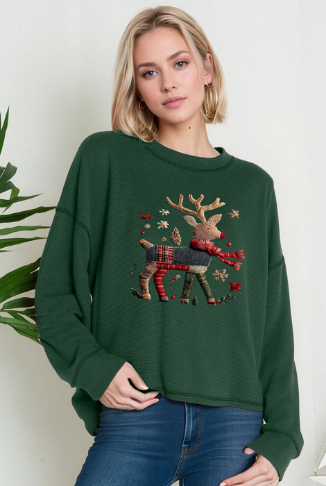 Oversized Crew Neck Top with REINDEER Print