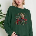 Small HUNTER GREEN Oversized Crew Neck Top with REINDEER Print