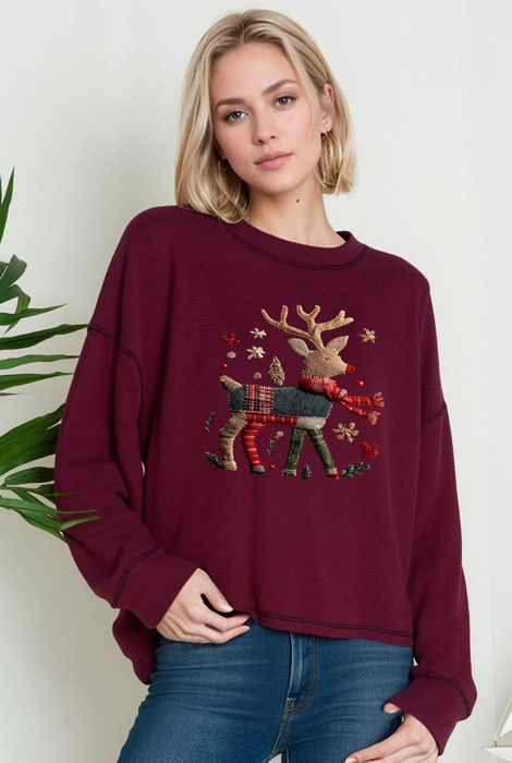 Oversized Crew Neck Top with REINDEER Print