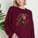 Small BURGUNDY Oversized Crew Neck Top with REINDEER Print