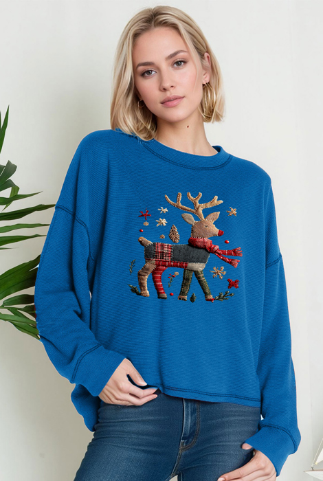 Oversized Crew Neck Top with REINDEER Print