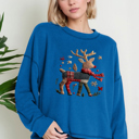 Small BLUE Oversized Crew Neck Top with REINDEER Print