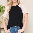 Medium BLACK/PINK SHORT SLEEVE SOLID TOP WITH ANIMAL PRINTS SLEEVES