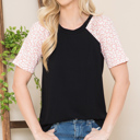 Small BLACK/PINK SHORT SLEEVE SOLID TOP WITH ANIMAL PRINTS SLEEVES