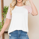 Medium WHITE/PINK SHORT SLEEVE SOLID TOP WITH ANIMAL PRINTS SLEEVES