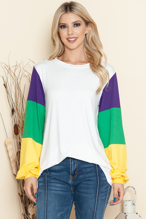 SOLID TOP WITH MARDI GRASS COLORS SLEEVES