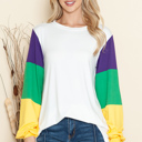 Small WHITE SOLID TOP WITH MARDI GRASS COLORS SLEEVES