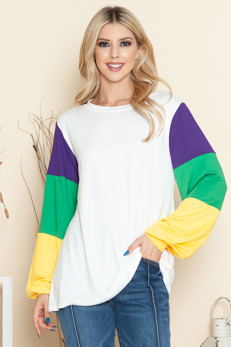 SOLID TOP WITH MARDI GRASS COLORS SLEEVES