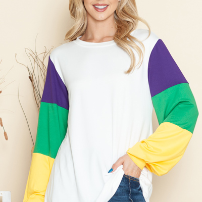 SOLID TOP WITH MARDI GRASS COLORS SLEEVES