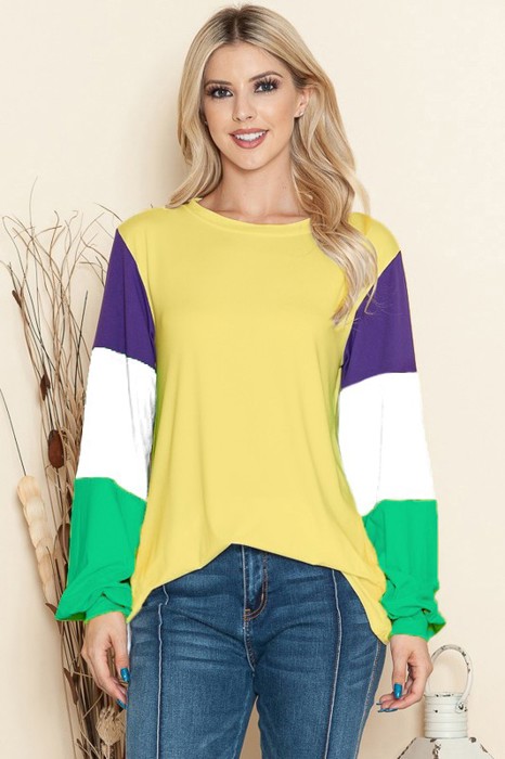 SOLID TOP WITH MARDI GRASS COLORS SLEEVES