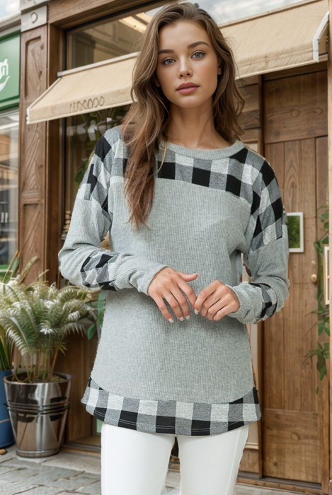 SOLID AND PLAID COLOR BLOCK TUNIC TOP