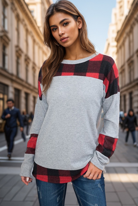 SOLID AND PLAID COLOR BLOCK TUNIC TOP