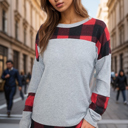  SOLID AND PLAID COLOR BLOCK TUNIC TOP