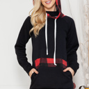Large RED PLAID SOLID TUNIC TOP WITH TIE-DYE AND CAMO CONTRAST SLEEVES 95%RAYON 5%SPANDEX MADE IN USA